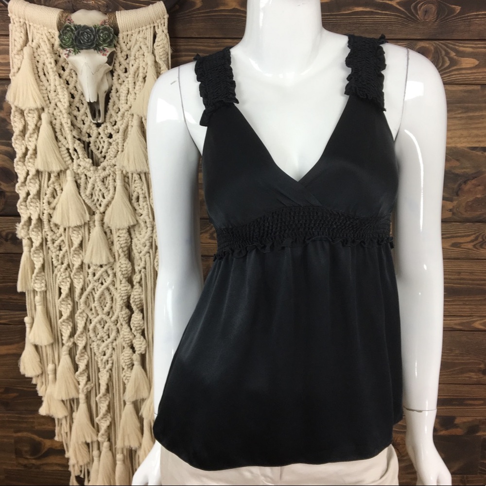 BCBGMaxAzria | Smocked Deep V-Neckline Silk Sleeveless Top Black Tank Ruched